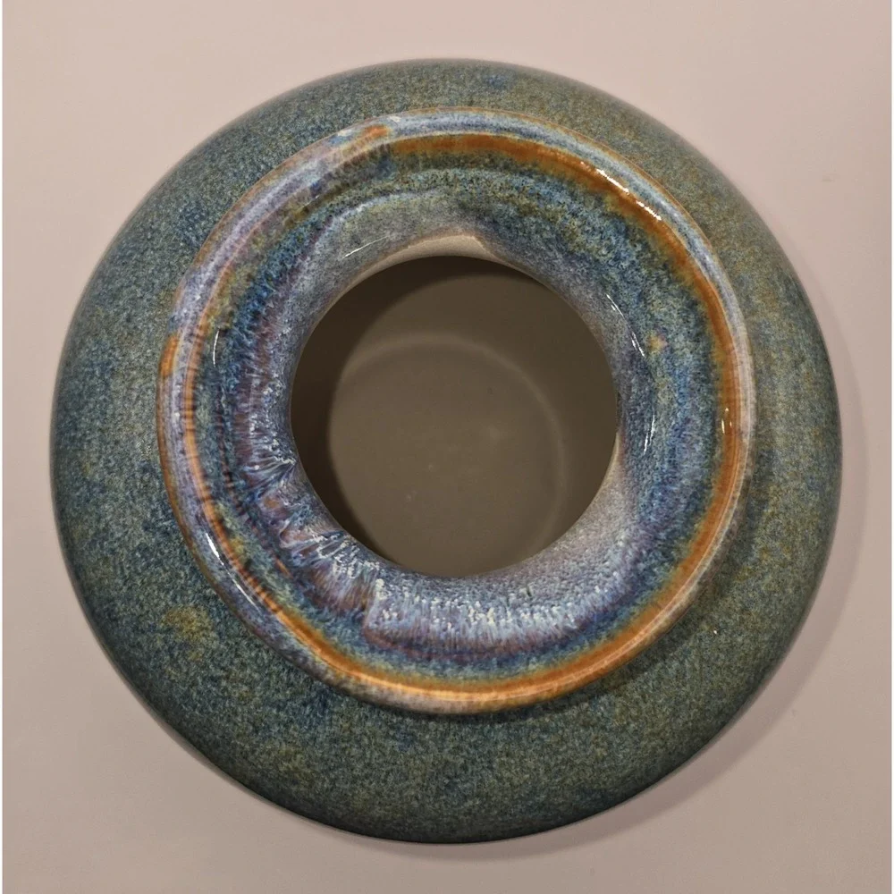 Blue Stoneware Vase Blended With Rust And Black Hues Glazed. 7.5